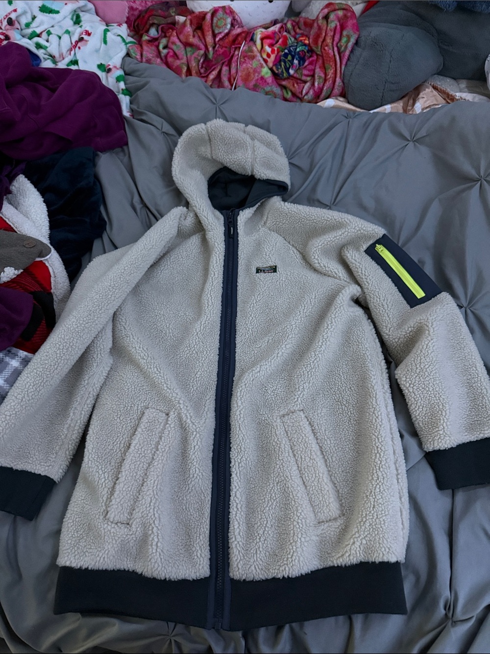 L.L. Bean Kids Cream Sherpa Hooded Jacket with Neon Yellow Accent